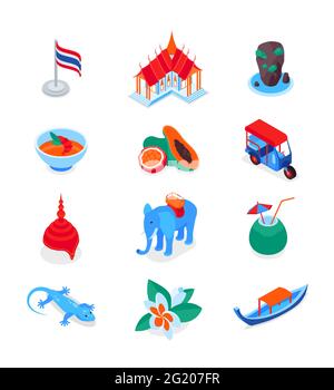 Thai Symbole - moderne bunte isometrische Symbole gesetzt. Kultur, Küche und Traditionen Thailands. Tuk-Tuk, Elefant, Langschwanzboot, tom yum, Lotus, kh Stock Vektor