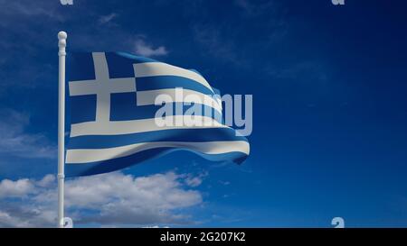 Hellenische Republik, auch bekannt als griechische Nationalflagge, winkt im Wind. 3d-Rendering, CGI Stockfoto