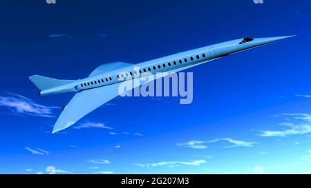 Überschallflug, das Flugzeug, um schneller als je zuvor zu reisen. Im Gegensatz zu anderen kommerziellen Flügen hat es die doppelte Geschwindigkeit. 3d-Rendering Stockfoto