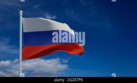 Die Nationalflagge der Russischen Föderation, die im Wind winkt. 3d-Rendering, CGI Stockfoto