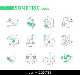 Strandurlaub und Reisen - Linie isometrische Symbole gesetzt. Bunte Bilder von einem Flugzeug, Gepäck, Kamera, Palmen, Perle, Cocktails, Reisepass und Tickets. S Stock Vektor