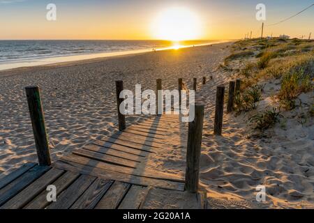 Breiter Sandstrand von Faro mit Dünen und Gehwegen am Sonnenuntergang, Faro, Algarve, Portugal Stockfoto