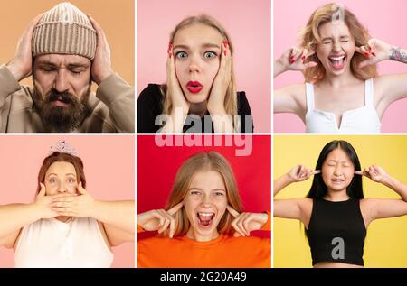 Collage aus männlichem und weiblichem Aussehen mit breitem Augenausdruck Entsetzt zu sein, um schlechte Nachrichten zu erfahren Stockfoto