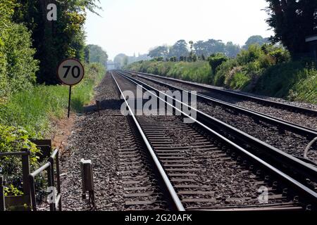 Blick auf die Southeastern Train Line, mit Blick auf Martin Mill, von Coldblow Level Crossing, auf der Kent Coast Line, Walmer, Deal, Kent Stockfoto