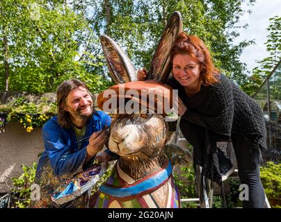 Der Künstler Chris Rutterford malt in seinem Freilichtstudio für Charity Art Trail eine humorvolle riesige Hasenskulptur, zusammen mit seinem Partner Lubi Lyken, Schottland, Großbritannien Stockfoto