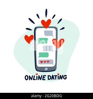 Online-Dating-Konzept. Dating-Anwendung Logo, Handy mit Chat und Herzen. Vektorgrafik im flachen Stil Stock Vektor
