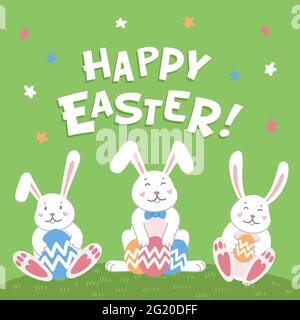 Frohe Ostern Karte. Osterhasen mit Eiern und fröhlicher ostereinschrift auf grünem Hintergrund. Vektorgrafik im flachen Stil. Stock Vektor