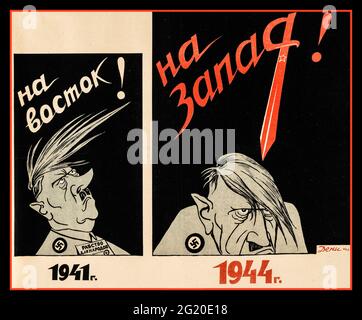 ADOLF HITLER 1940er-Jahre-Propaganda der Sowjetunion 2. Weltkrieg mit Karikatur von Adolf Hitler, der ein Swastika unter Druck trug, im Westen und Osten kämpfend ‘NA VOSTOK! - NA ZAPAD!“ Nach Osten! - nach Westen! Farblithographie, 1944, herausgegeben von Iskustvo, EIN Plakat. Von V. Deni [Vladimir Denisov] 1944 UdSSR Sowjetunion Russland 1941/1944 Stockfoto