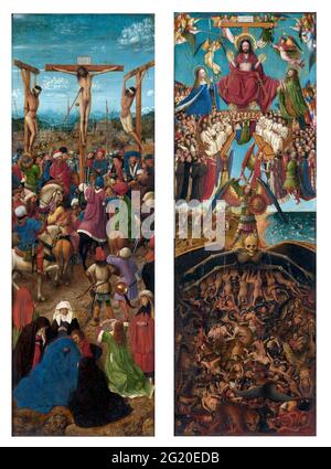 Die Kreuzigung und das jüngste Gericht Diptychon von Jan van Eyck (ca. 1390-1441), Öl auf Leinwand, aus Holz übertragen, c. 1440-41 Stockfoto