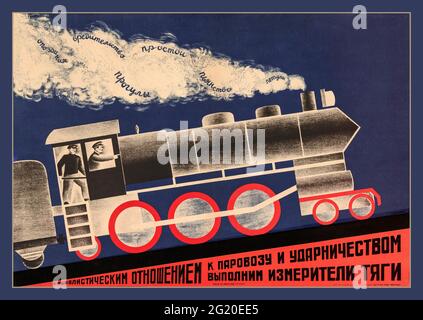 Russisches Plakat aus den 30er Jahren der UdSSR - Transport 1931 Illustration einer Eisenbahnmaschine unter Volldampf mit industriellen Plänen zur Verbesserung des russischen sowjetischen Transports. Ossky: Lassen Sie uns Schubmeter mit sozialistischer Haltung zur Dampflokomotive und harter Arbeit machen: [Poster]. - [Leningrad]: Zentralkomitee des Eisenbahnarbeiterverkehrs, [1931] (Leningrad: Lithographie 'Khromolit'). - Farblithographie Stockfoto