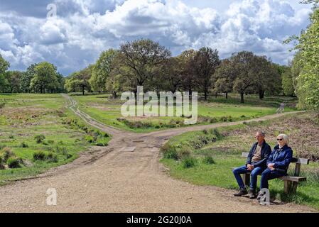 Ein älteres Paar sitzt auf der Bank und bewundert die Aussicht an einem Frühlingstag im Richmond Park London England Stockfoto