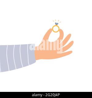Verlobungsring mit männlicher Hand in flacher Ausführung. Vektor valentinstag Grußkarte Stock Vektor