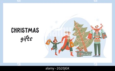 Weihnachtseinkäufe. Webseite für Weihnachtsmarkt oder fairen Verkauf, Cartoon-Vektor. Stock Vektor