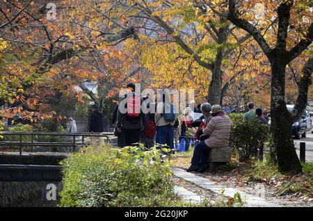 KYOTO, JAPAN - 10. Dez 2019: Kyoto, Japan- 24. Nov 2019: Touristen beobachten Herbstfarben entlang des Philosophenpfades in Kyoto. Die Route ist nach Nishid benannt Stockfoto