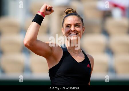 Maria Sakkari aus Griechenland reagiert auf den Gewinn des vierten Rundenmatches gegen Sofia Kenin aus den Vereinigten Staaten beim Roland-Garros 2021, Grand Slam Tennisturnier am 7. Juni 2021 im Roland-Garros-Stadion in Paris, Frankreich - Foto Rob Prange / Spanien DPPI / DPPI / LiveMedia Stockfoto