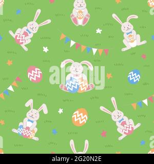 Nahtloses Ostermuster. Ostern Cartoon Hasen und Eier auf grünem Hintergrund. Vektorgrafik im flachen Stil. Stock Vektor