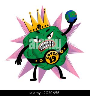 Coronavirus-Konzept. Unheimliches Virus-Monster, das den Planeten in der Hand hält. Virusverbreitung, Pandemie. Vektor mit flachem Stil Stock Vektor