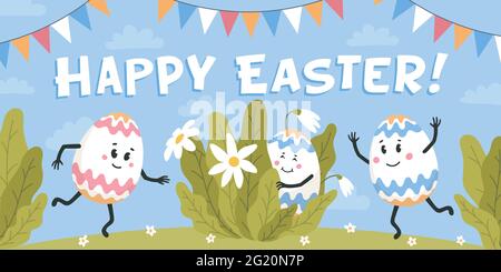 Frohe ostern horizontale Banner oder Abdeckung. Bunte Eier mit niedlichen Gesichtern, die auf einem grünen Rasen tanzen. Ostereier Freunde mit lustigen Gesichtern. Eiersuche. Flache st Stock Vektor