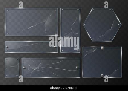 Rissige geometrische Glas isoliert Banner. Transparente Spiegel nach Unfall und Vandalismus gebrochen Stock Vektor