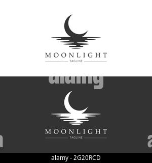 Moon-Logo-Design. Halbmond über dem Wasser. Halbmond über dem Meer. Vektorgrafik. Stock Vektor