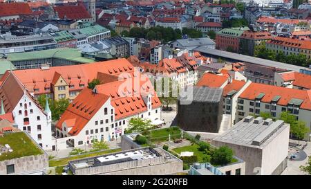 St. Jacob Platz mit Synagoge in München Luftaufnahme Stockfoto