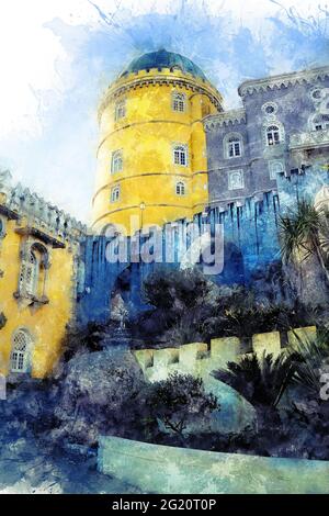 Aquarellzeichnung, Illustration. Pena Nationalpalast in Sintra, Portugal Palacio Nacional da Pena Stockfoto