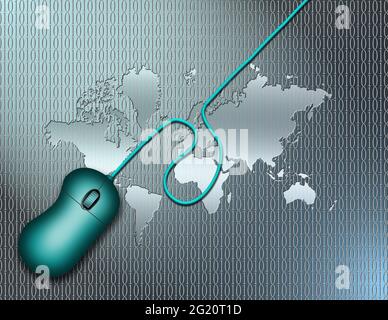 Weltkarte und PC-Maus auf nahtlosem Binärcode-Hintergrund. 3D-Rendering. Stockfoto