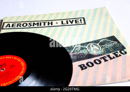 Klassische Rockband, Aerosmith, Musikalbum auf Vinyl-Schallplatte. Bootleg Genannt. Albumcover Stockfoto