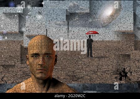 Warten auf den Regen. Mann mit Regenschirm in verwüstter Landschaft. 3D-Rendering. Stockfoto