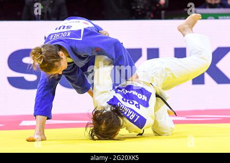 BUDAPEST, UNGARN - 7. JUNI: Fabienne Koch aus der Schweiz, Joana Ramos aus Portugal während der Judo-Weltmeisterschaft Ungarn 2021 in der Papp Laszlo Budapest Sports Arena am 7. Juni 2021 in Budapest, Ungarn (Foto: Yannick Verhoeven/Orange Picts) Stockfoto