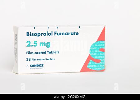 Bisoprolol ist ein Arzneimittel, das zur Behandlung von Bluthochdruck (Hypertonie) und Herzinsuffizienz verwendet wird. Stockfoto