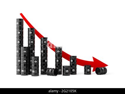 Schwarze Öl- oder Kraftstofffässer mit rot fallender Aktienkurve, Ölpreisrückgang oder Krisenkonzept, 3D-Illustration Stockfoto