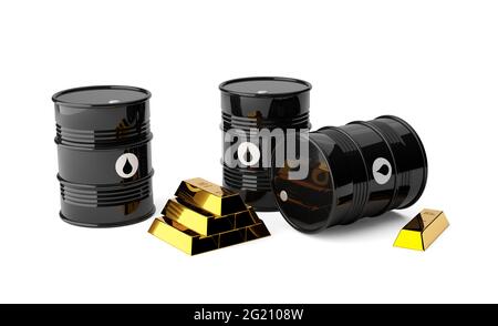 Schwarze Ölfässer mit Tropfensymbol und Goldbarren auf weißem Hintergrund, 3D-Illustration Stockfoto