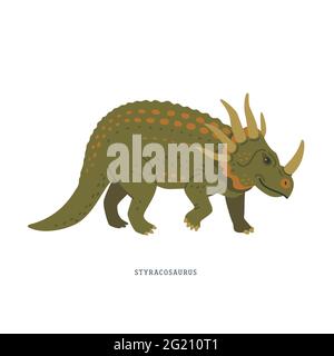 Styracosaurus-Dinosaurier. Herbivorer ceratopsianischer Dinosaurier aus der Kreidezeit. Dino-Druck. Einfache bunte Vektor-Illustration in flachen Cartoon s Stock Vektor