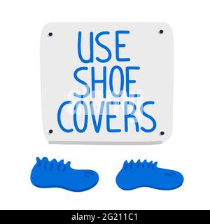 Schild mit Überziehschuhen. Blaue Schuhüberzüge und Wandschild auf weißem Hintergrund. Krankenhausausstattung. Einfache Vektorgrafik im flachen Stil Stock Vektor