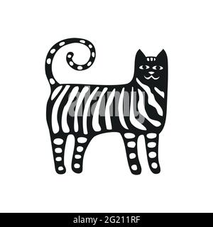 Schwarze Katze. Schwarze Katze Silhouette mit Streifen, niedliche gestromte Katze. Cartoon-Stil Vektor-Illustration Stock Vektor