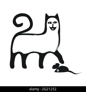 Schwarz-weiße Katze. Weiße Katze Silhouette spielt mit der Maus auf weißem Hintergrund. Cartoon-Stil Vektor-Illustration Stock Vektor