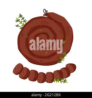 Spiralwurst. Fleischspezialitäten auf weißem Hintergrund. Scheiben traditionelle Schneckenwurst. Einfache Vektorgrafik im flachen Stil Stock Vektor