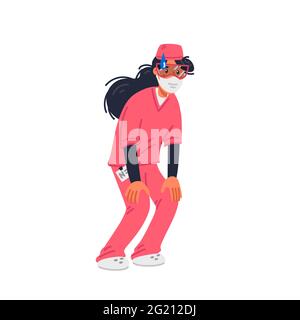 Bleib zu Hause. Müde junge Krankenschwester in rosa Scrubs und Gesichtsmaske. Medizinisches Team unter Bedingungen einer Coronavirus-Pandemie, covd-19 Quarantäne. Vektor i mit flacher Form Stock Vektor