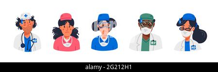 Arzt. Bleib zu Hause Konzept. Müde Gesichter von medizinischen Mitarbeitern in Masken und Uniformen. Medizinisches Team unter Bedingungen einer Coronavirus-Pandemie, covd-19 quar Stock Vektor