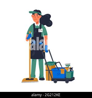 Hausmeister - Hausmeisterin in Uniform hält Mopp und Reinigungswagen. Reinigungsservice und Krankenhausdesinfektion. Vektordarstellung im flachen Stil auf wh Stock Vektor