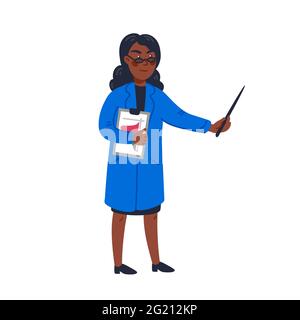 Wissenschaftlerin - afroamerikanische Wissenschaftlerin in Laborkittel mit Zeiger. Wissenschaftliche Forschung, Kampf gegen covid-19. Vektorgrafik im flachen Stil Stock Vektor
