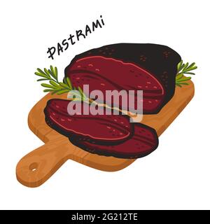 Pastrami. Fleisch Delikatessen auf einem hölzernen Schneidebrett. Scheiben von italienischem geräuchertem Rindfleisch. Einfache Vektorgrafik im flachen Stil Stock Vektor