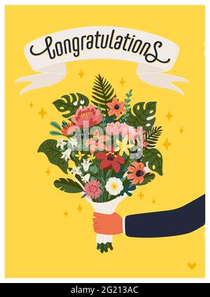 Glückwunschkarte. Arm hält Blumenstrauß auf gelbem Hintergrund. Vektor-Illustration im flachen Cartoon-Stil Stock Vektor