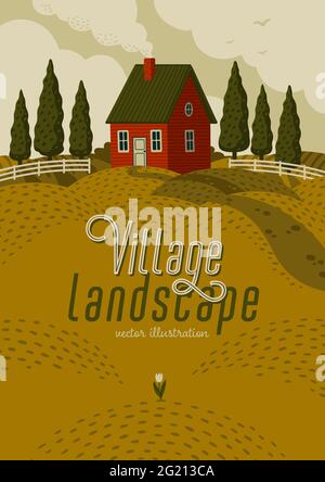 Dorflandschaft. Ländliche Landschaft mit rotem Bauernhaus im rustikalen Stil auf einem grünen Feld mit Zypressen. Vektor-Illustration im flachen Cartoon-Stil. Stock Vektor