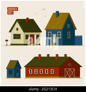 Vorstädtische Häuser. Verschiedene ländliche Häuser und Scheunen. Vektor-Illustration in flacher Cartoon-Stil auf weißem Hintergrund Stock Vektor
