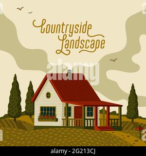 Landschaft auf dem Land. Ländliche Landschaft mit weißem Vorstadthaus im rustikalen Stil auf einem grünen Feld mit Zypressen. Vektorgrafik in flacher Karikatur Stock Vektor
