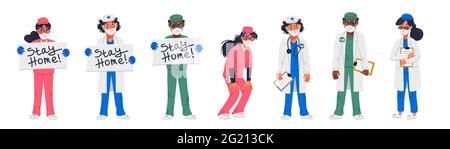 Bleib zu Hause. Satz von müden Ärzten und Krankenschwestern in verschiedenen Posen und mit Aufenthalt zu Hause Zeichen. Medizinisches Team unter Bedingungen einer Coronavirus-Pandemie, covd-19 Stock Vektor