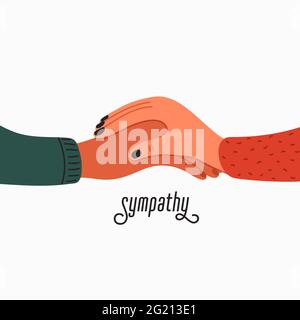 Mitgefühl. Symbol für Empathie und Mitgefühl - die Hand der Frau hält die des Mannes. Helfende Hand oder psychologische Betreuung. Vektorgrafik im flachen Cartoon-Stil auf Stock Vektor