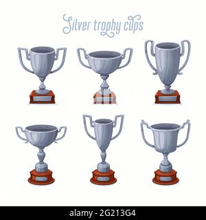 Silberne Pokale. Silberner Pokal in verschiedenen Formen - Siegertrophäen auf dem 2. Platz. Vektorgrafik im flachen Stil. Stock Vektor